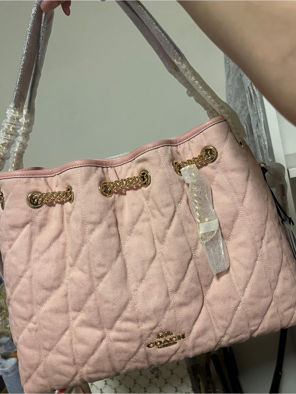 Coach Quilted Denim Light Pink Tote with Gold Hardware